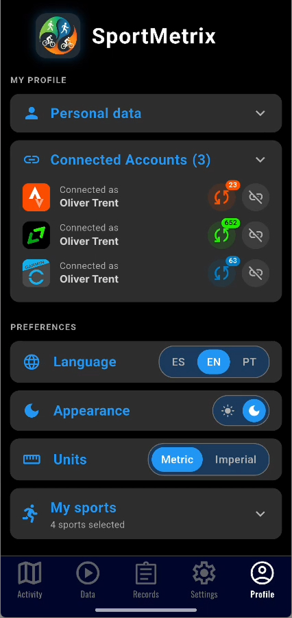 Connected accounts: Strava, Garmin and MisRutas