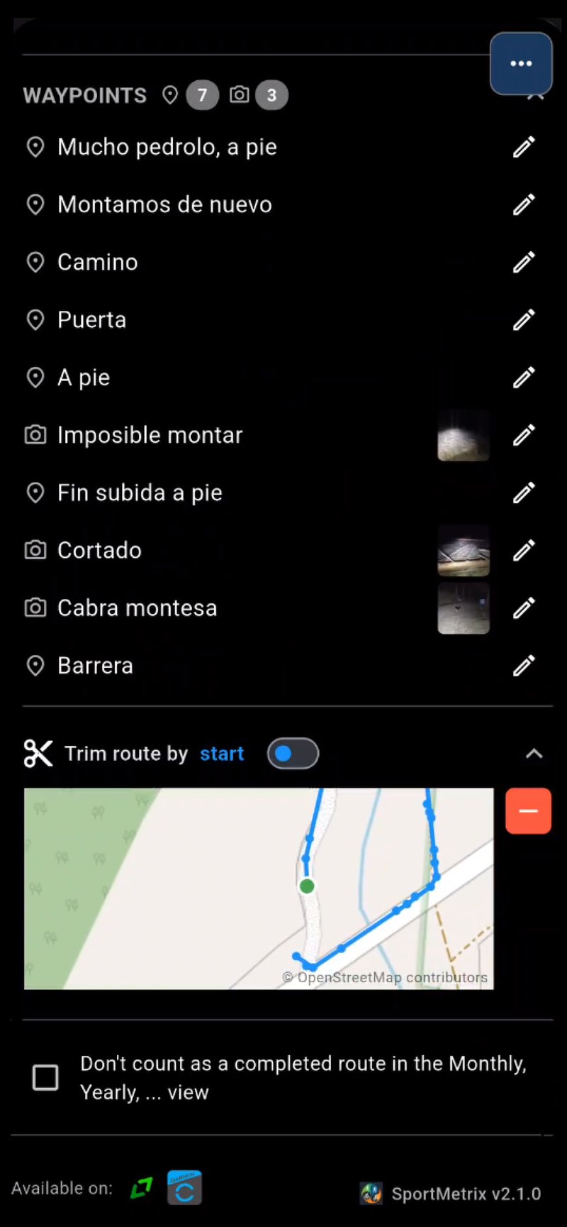 Waypoint list with photos and route trimming