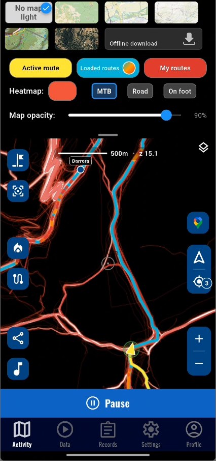 Map panel: map, route colours, heatmap and opacity
