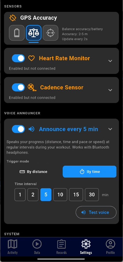 Settings: GPS accuracy, heart rate monitor, cadence and voice announcer by distance or time